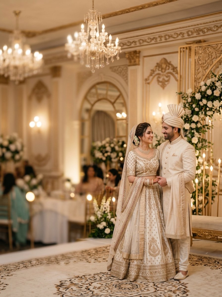 A bride and groom in ivory and gold wedding dress, smiling at each other in a chandelier-lit hall
